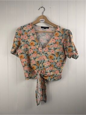 Ava Rose Floral Tie Front Crop Top Boho Cottagecore Puff Sleeve